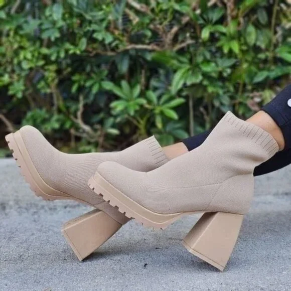 Women's Chunky Block Heel Sock Boots Nude Color - Picture 2 of 6